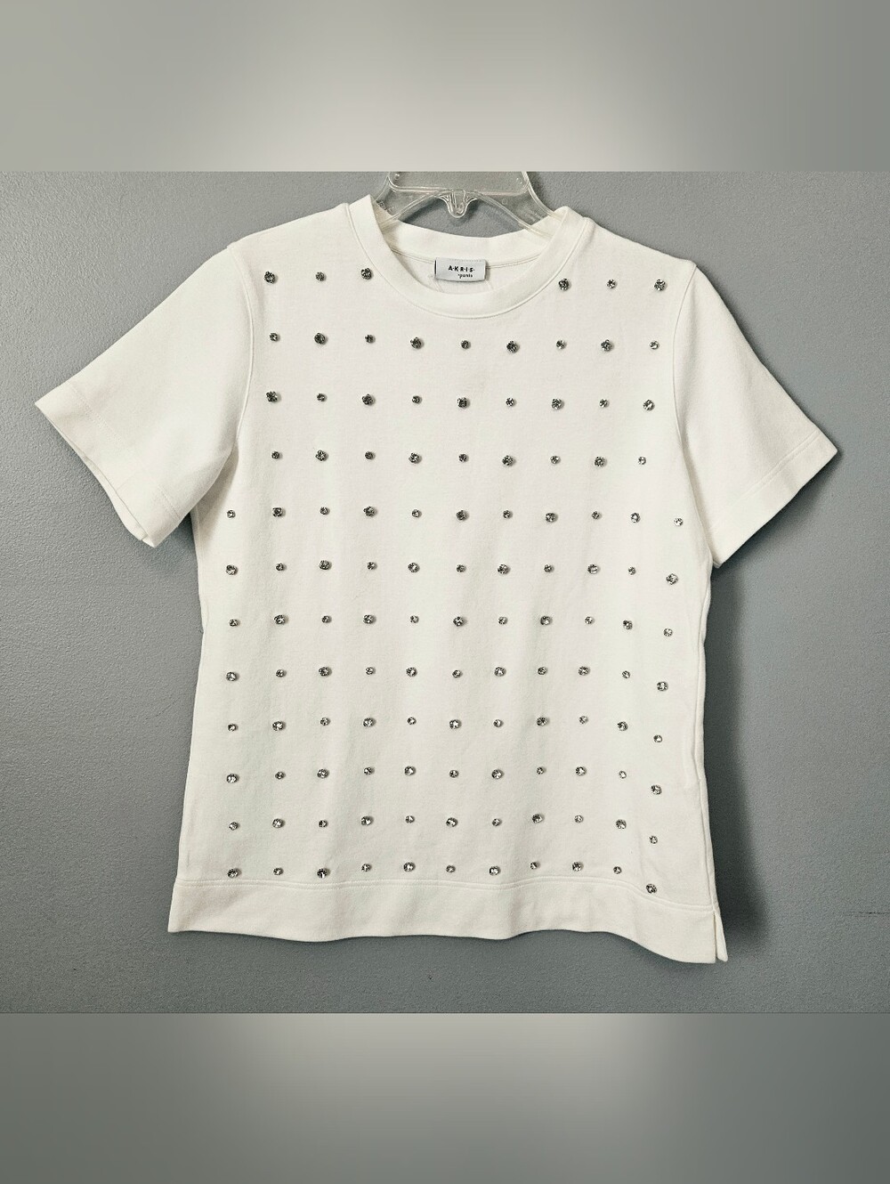 Akris punto Women's White Crystal Rhinestone Stud Embellished T-shirt New